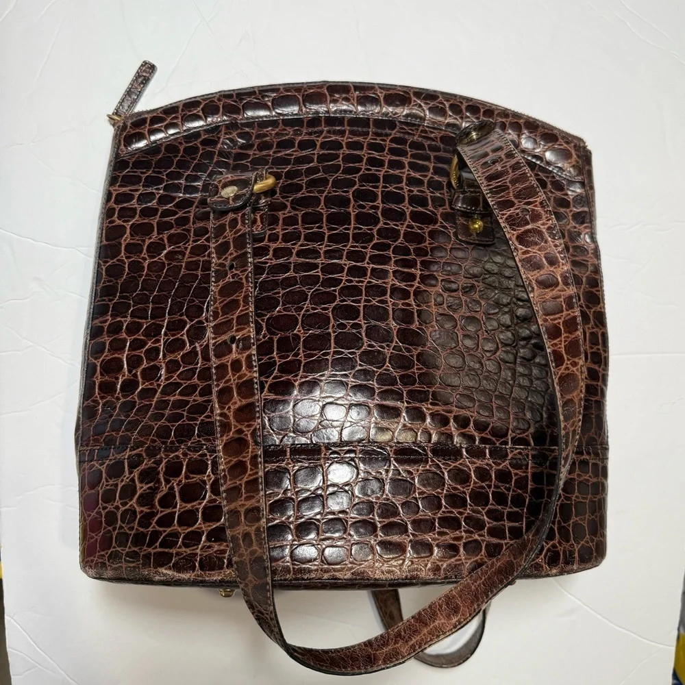 Brahmin Brown Hobo Bag Crocodile Embossed Gold Hardware Travel Tote Croc Leather